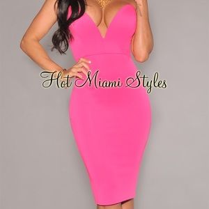 Neon Pink Low Plunge Strapless Knee Length Dress